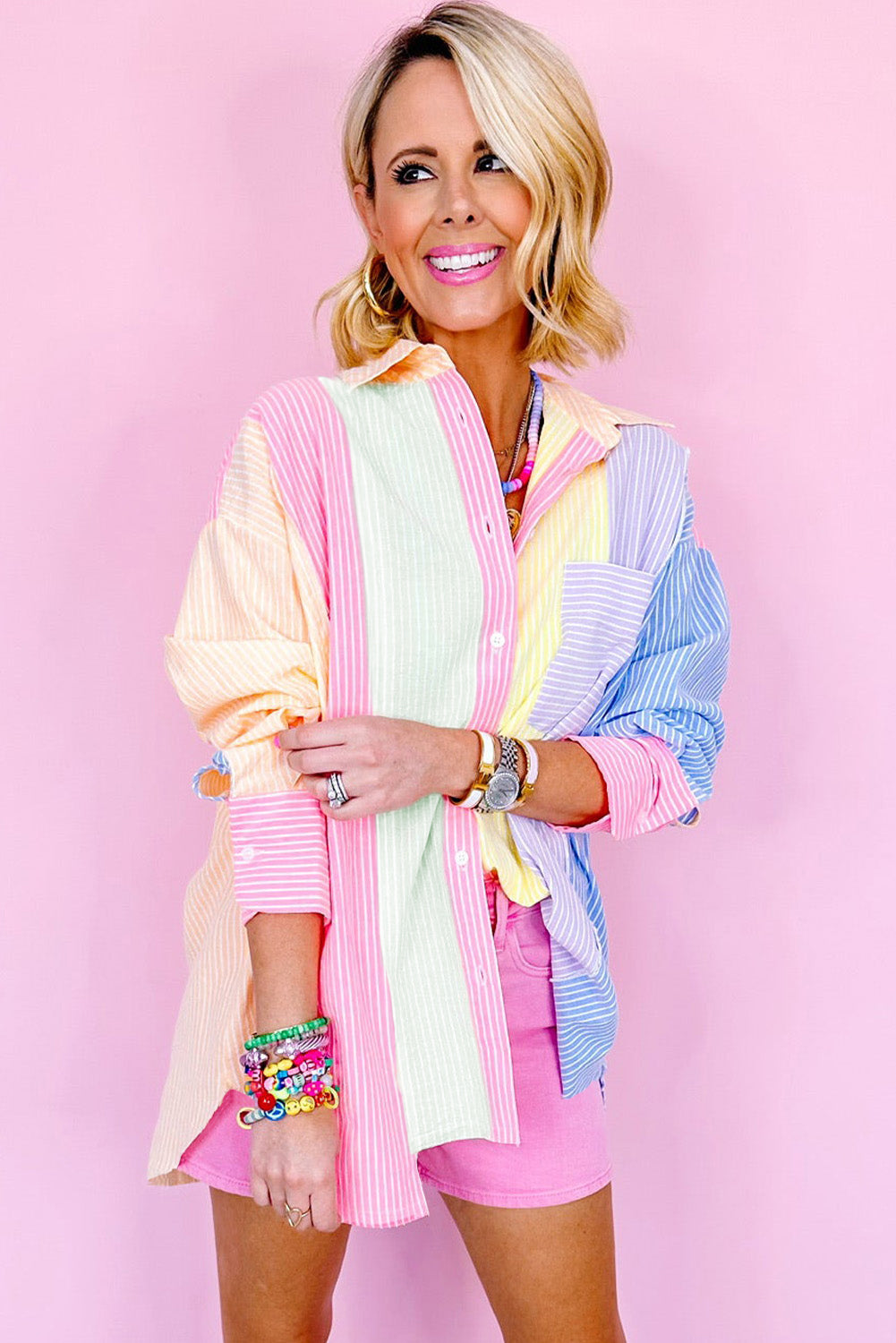 Pink Stripe Color Block Chest Pocket Oversized Shirt