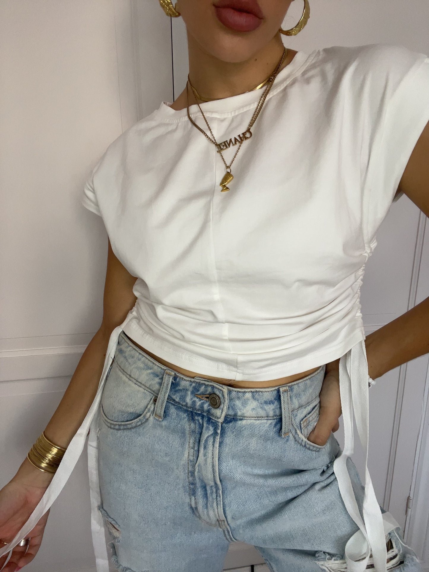 White Side Drawstring Short Sleeve Crew Neck Top