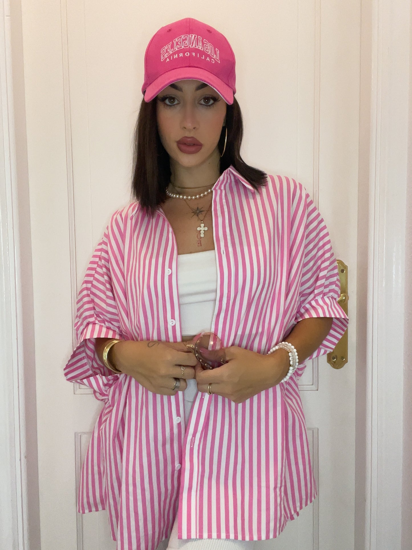 Pink Stripe Dolman Sleeve Oversize Shirt