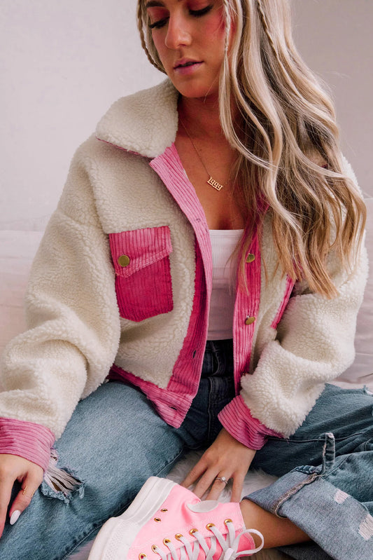 Multicolor Sherpa Corduroy Patchwork Button up Crop Jacket