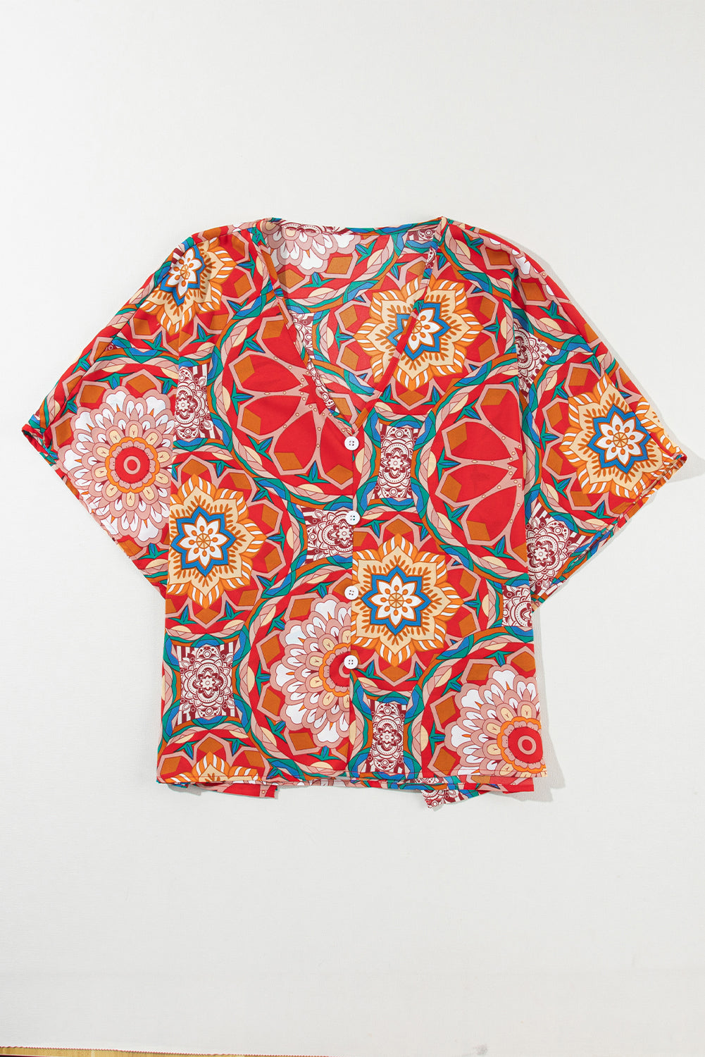 Red Floral Print Batwing Sleeve V Neck Blouse