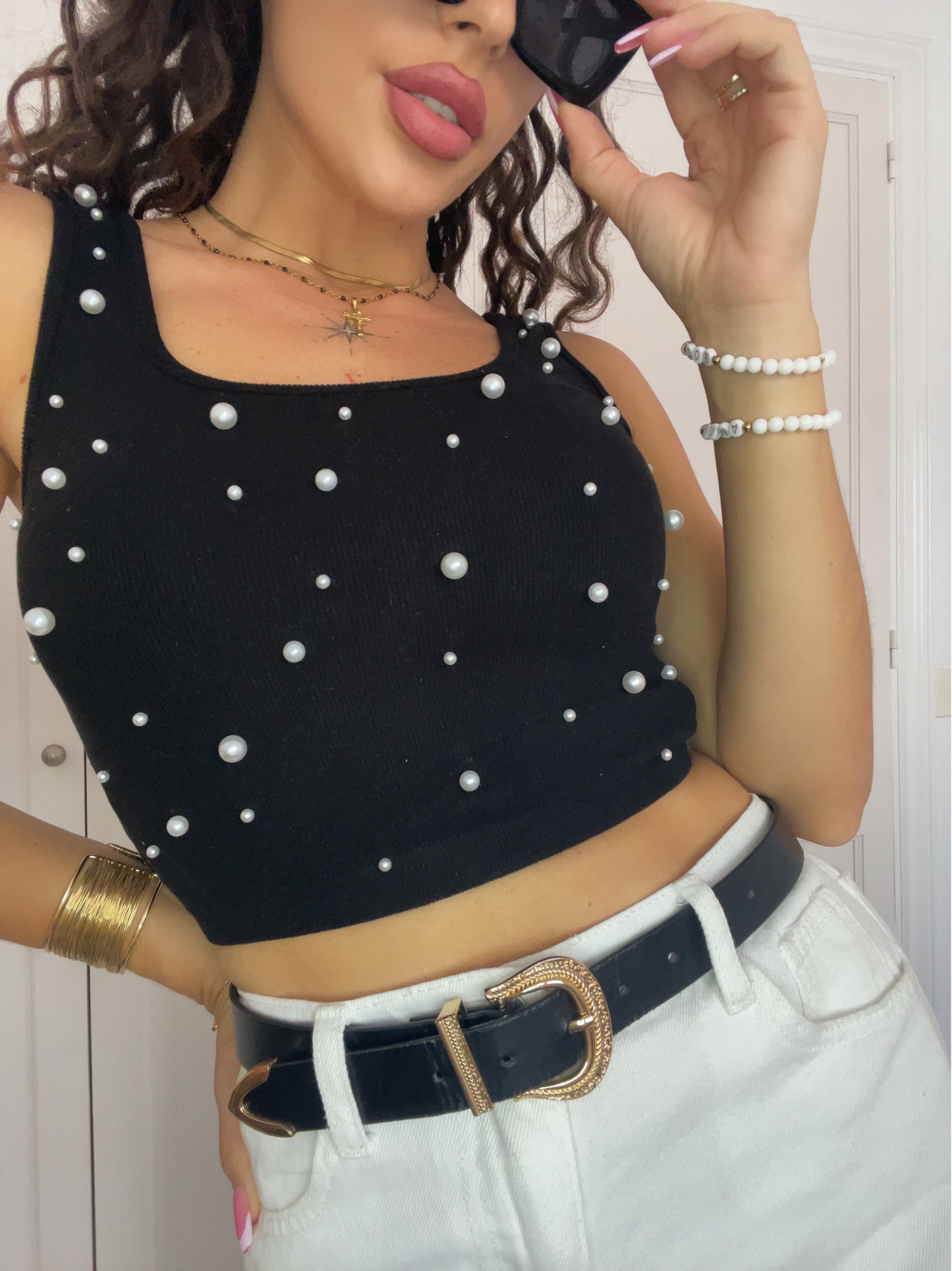 Black Pearl Decor Square Neck Sleeveless Crop Top