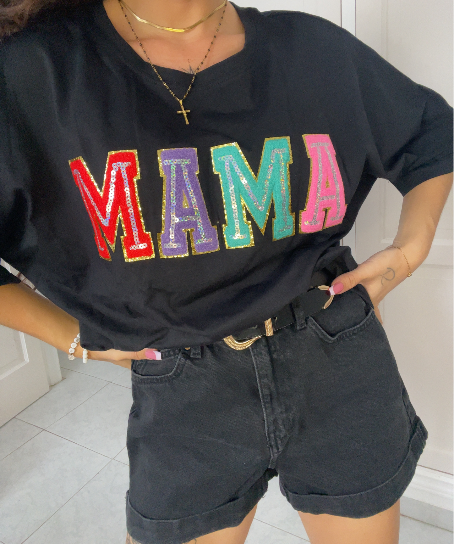 Black MAMA Chenille Patched Crew Neck T Shirt