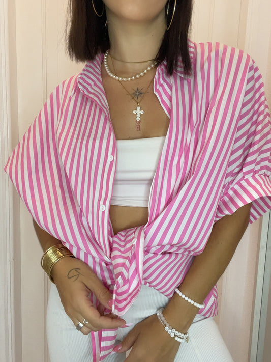 Pink Stripe Dolman Sleeve Oversize Shirt