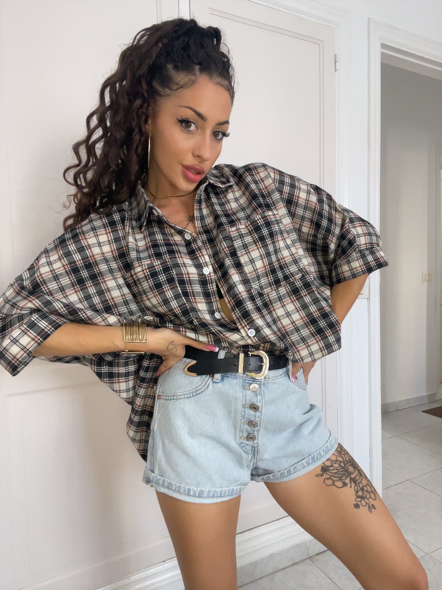 Black Plaid Print Chest Pockets Oversize Shirt