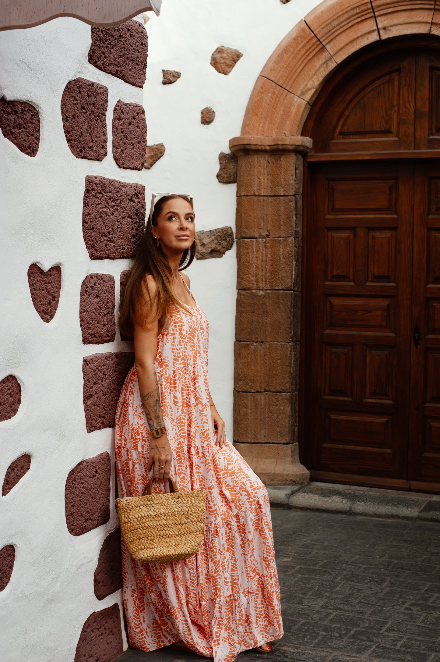 Orange Abstract Print Spaghetti Straps Backless Tiered Maxi Dress