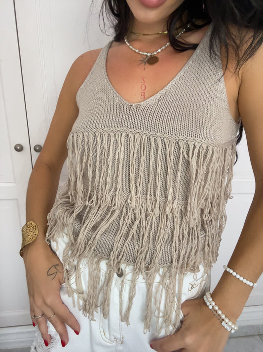 Parchment Cowgirl Fashion Fringed Knit Vest