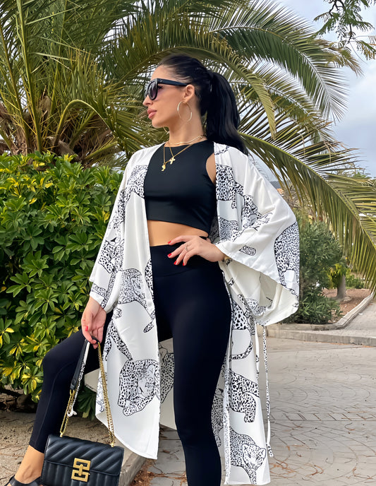 White Cheetah Print Loose Fit Open Front Kimono