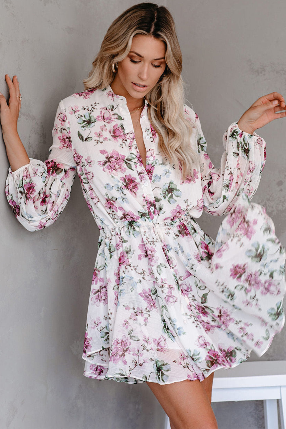 Vintage Floral Print Drawstring Flowy Dress