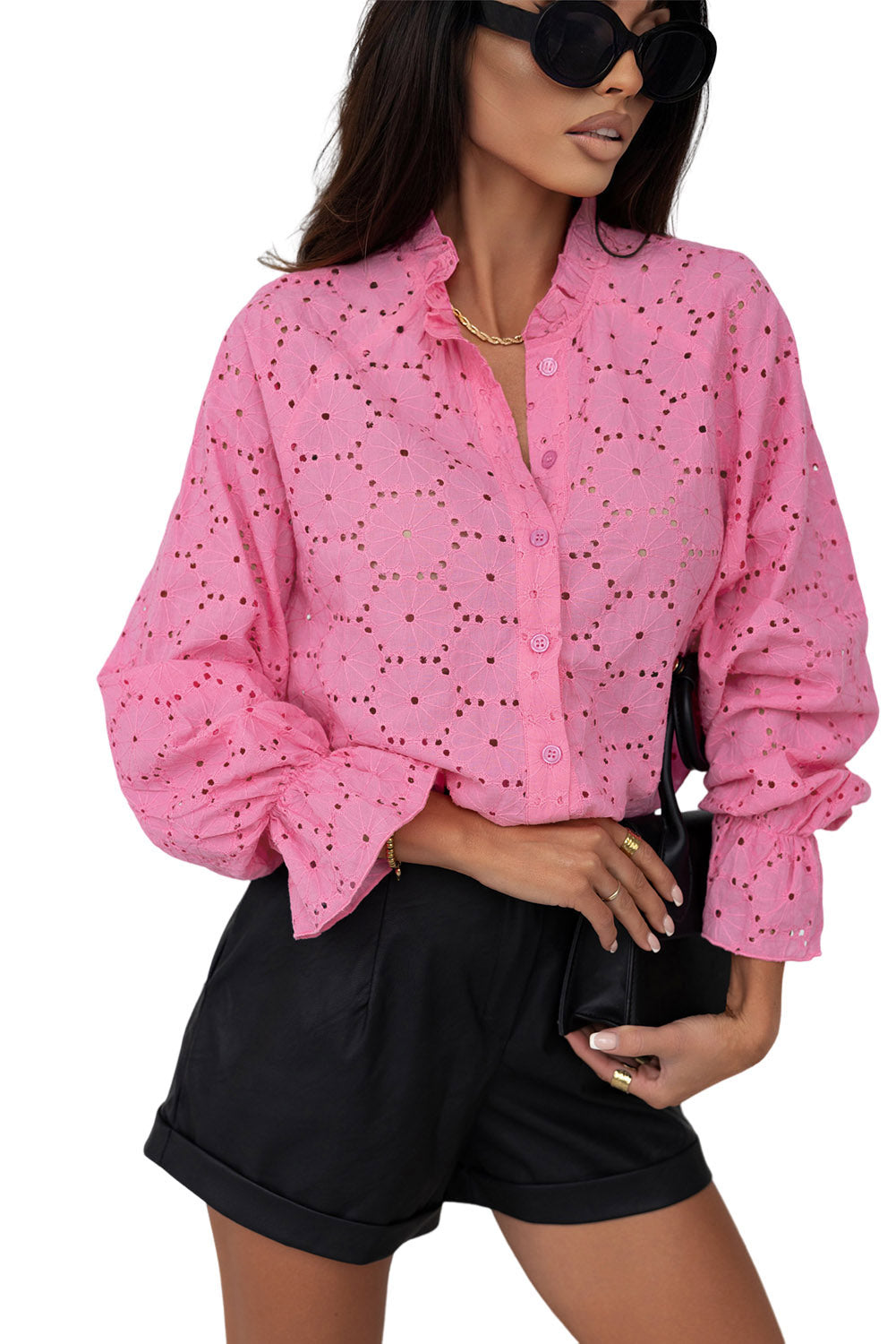 Pink Hollow Out Embroidered Floral Shirt